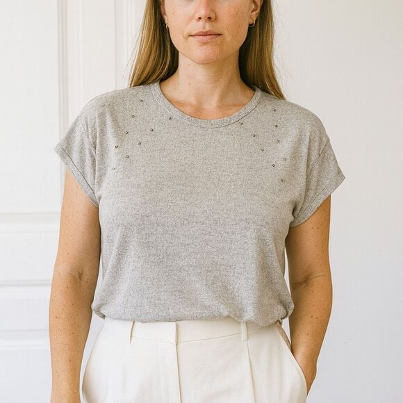 Studded Shirt Beige 3X Plus S/S Casual Bling Quiet Luxury Lagenlook Earth Girl - Picture 1 of 7